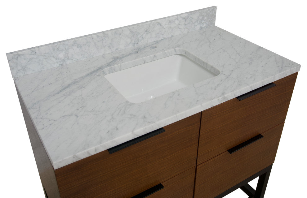 Mia 42" Bathroom Vanity, Walnut, Carrara Marble