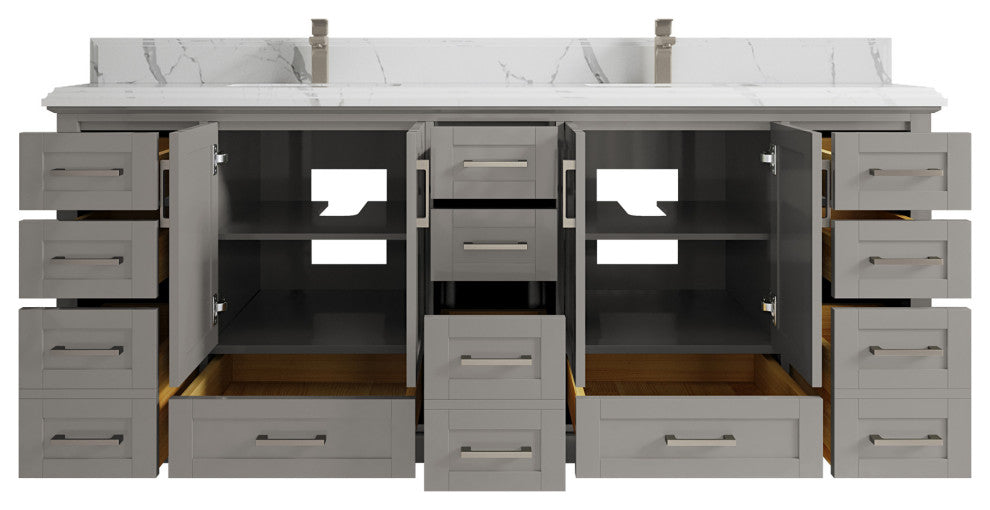 Boston 84 Double Sink Bath Vanity in Elephant Skin Gray 2" Calacatta Laza
