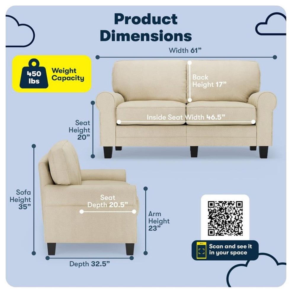 Serta Copenhagen 61" Rolled Arm Loveseat Sofa with Removable Covers Tan