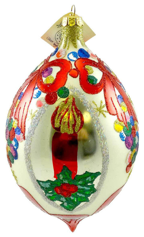 Larry Fraga Christmas Mystery Blown Glass Ornament Teardrop Candle Holly 369