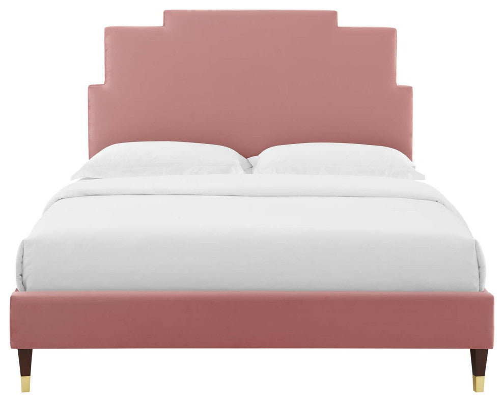 Platform Bed Frame, King Size, Velvet, Pink, Modern Contemporary, Bedroom Master