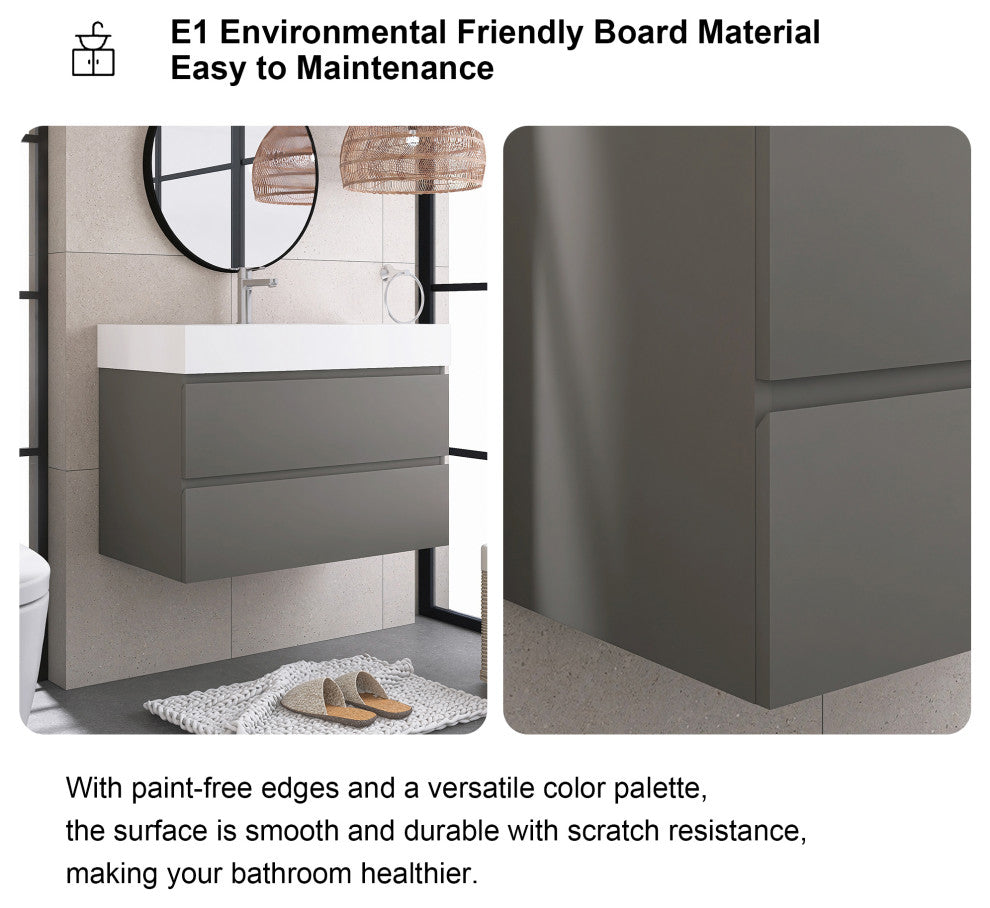 Wood Wall-Mounted Bathroom Vanity Set with Integrated Resin Sink, Grey, 36"