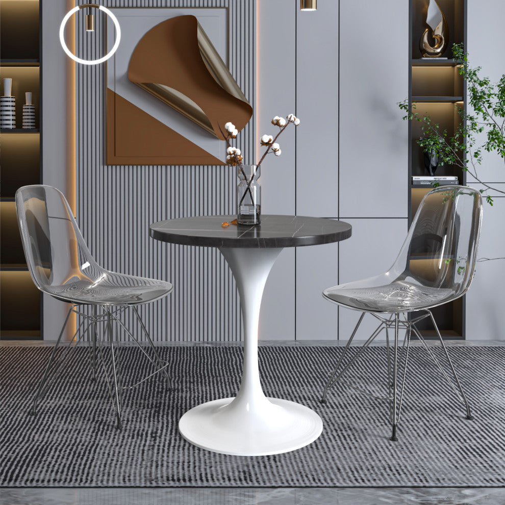 27 Round Dining Table, White Base with Sintered Stone Black Top