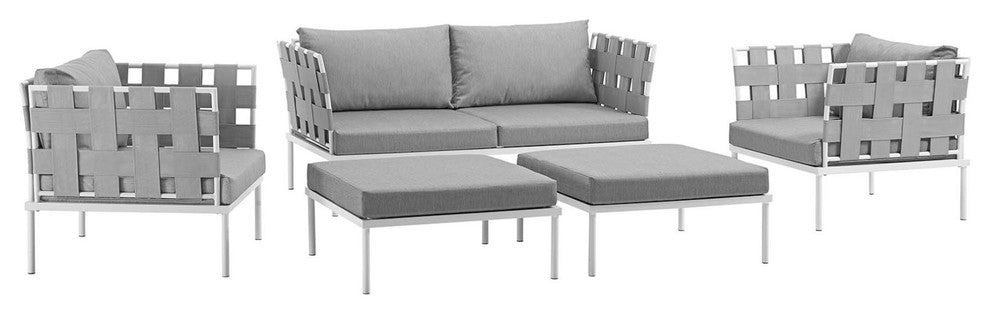 Modern Urban Outdoor Patio 5-Piece Sectional Sofa Set, Gray White Gray, Rattan