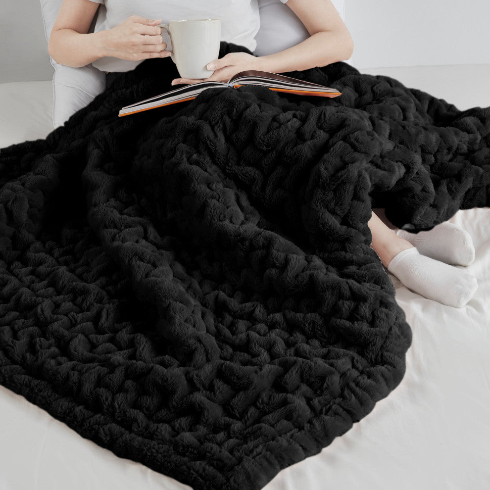 Madison Park Ruched Fur Ruched Long Fur 50x60" Throw Blanket, Black
