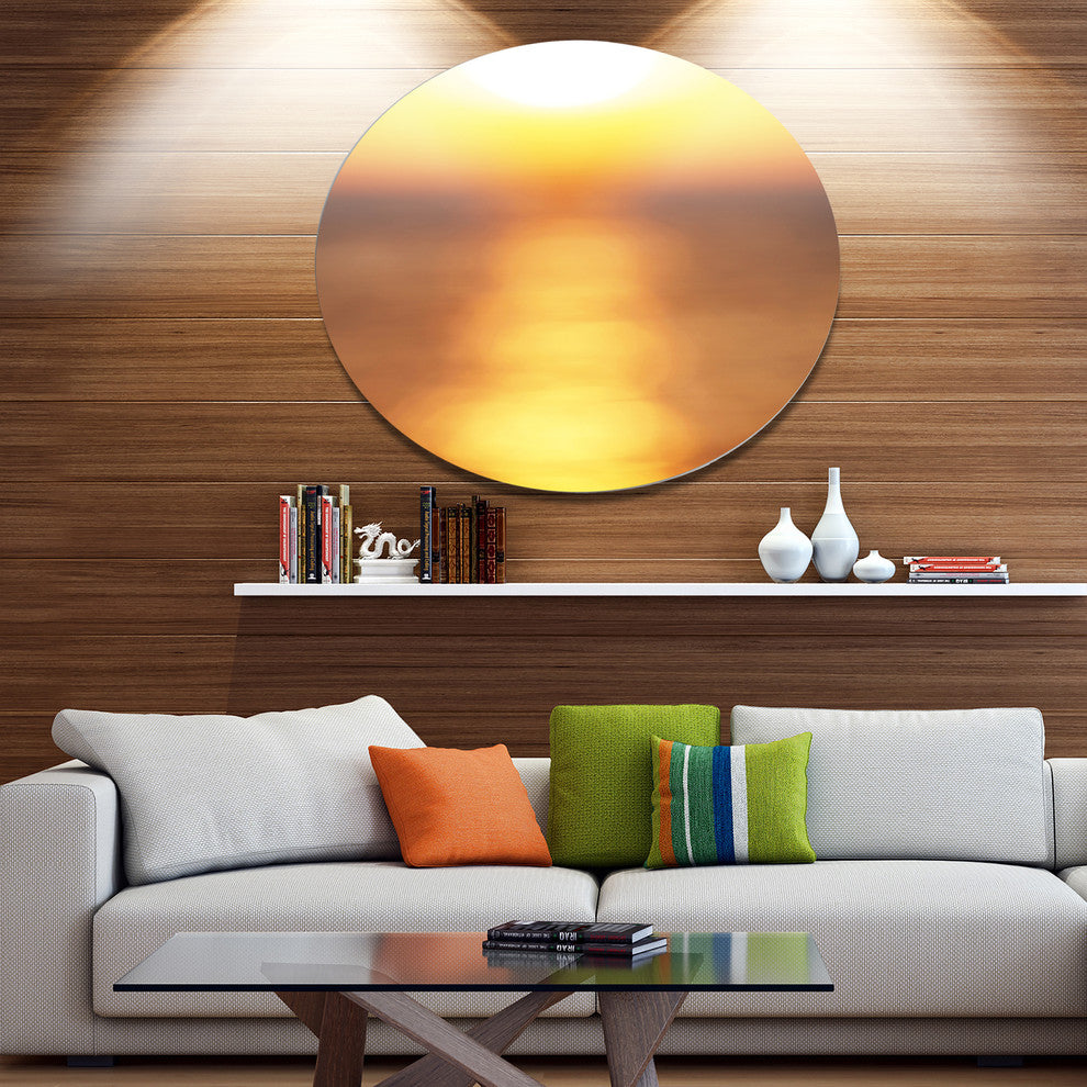 Abstract Yellow Sunset Reflection, Landscape Round Metal Wall Art, 36"