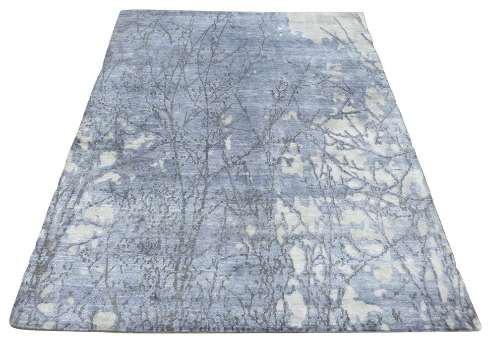 Hand Knotted Sky Blue Modern Abstract Oriental Rug With Silk, 8x10