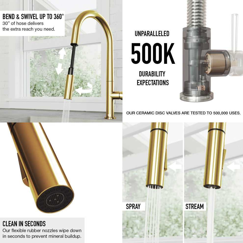 VIGO Greenwich 18" H Single Handle Pull-Down Sprayer Kitchen Faucet, Matte Brushed Gold, No Sensor, Without Extras