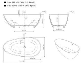 Vanity Art Solid Surface Resin Stone Freestanding Bathtub, Glossy White, 59 in. X 30 in.