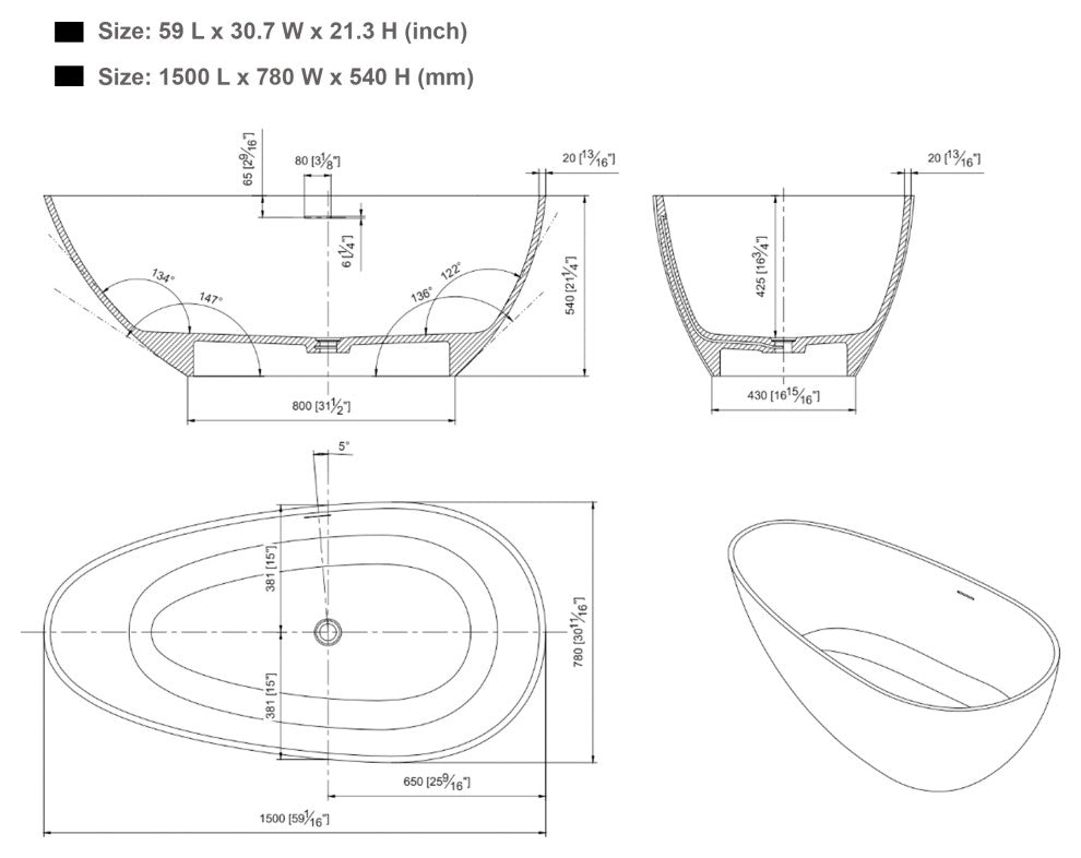 Vanity Art Solid Surface Resin Stone Freestanding Bathtub, Glossy White, 59 in. X 30 in.