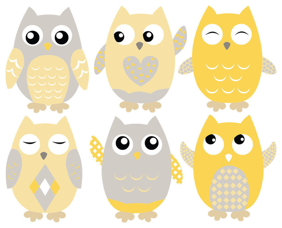 Owls Fabric Wall Decals, Set of 6, Orange, 10" Tall