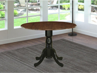 Walnut and Black Round Dining Table with Drop Leaves and Pedestal Base