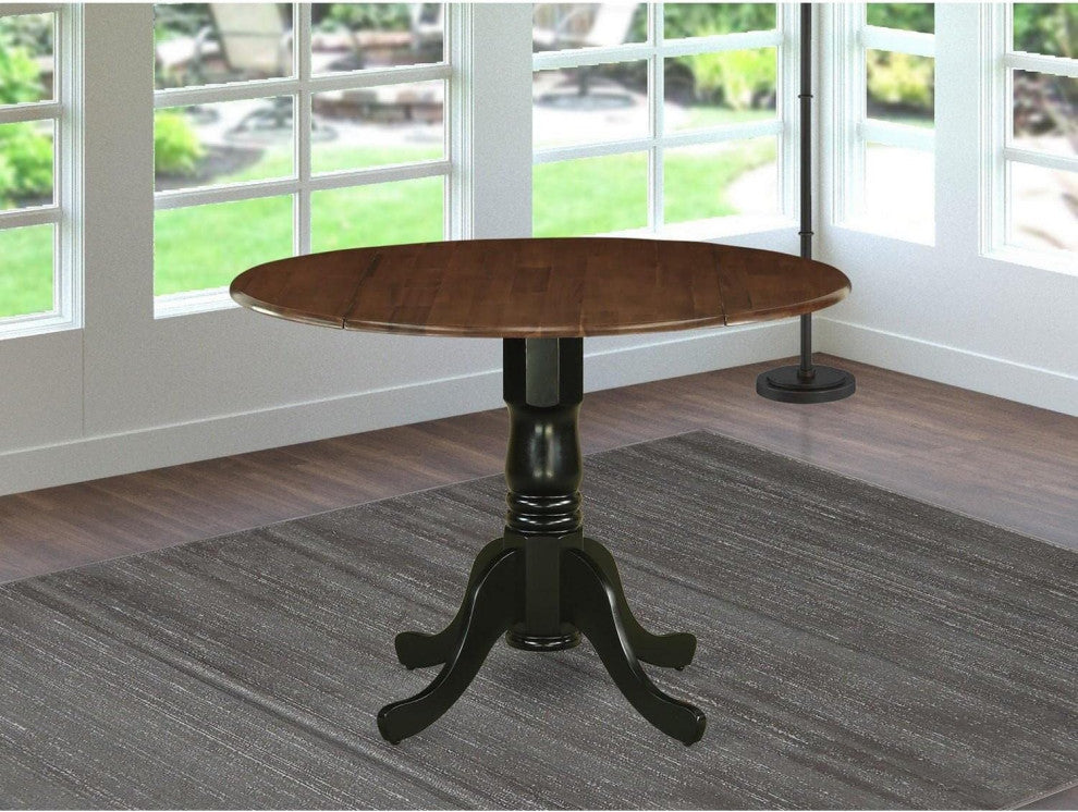 Walnut and Black Round Dining Table with Drop Leaves and Pedestal Base