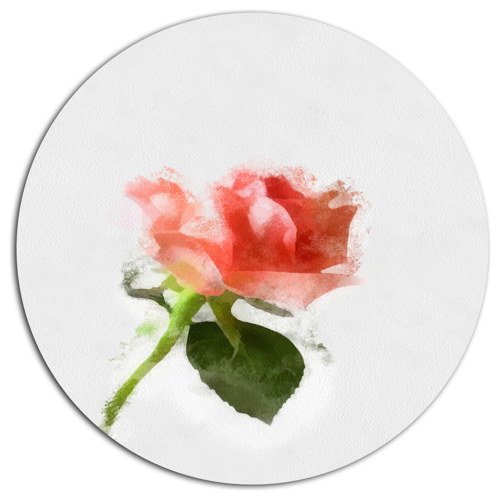 Pink Rose Watercolor With Stem, Floral Round Wall Art, 23"