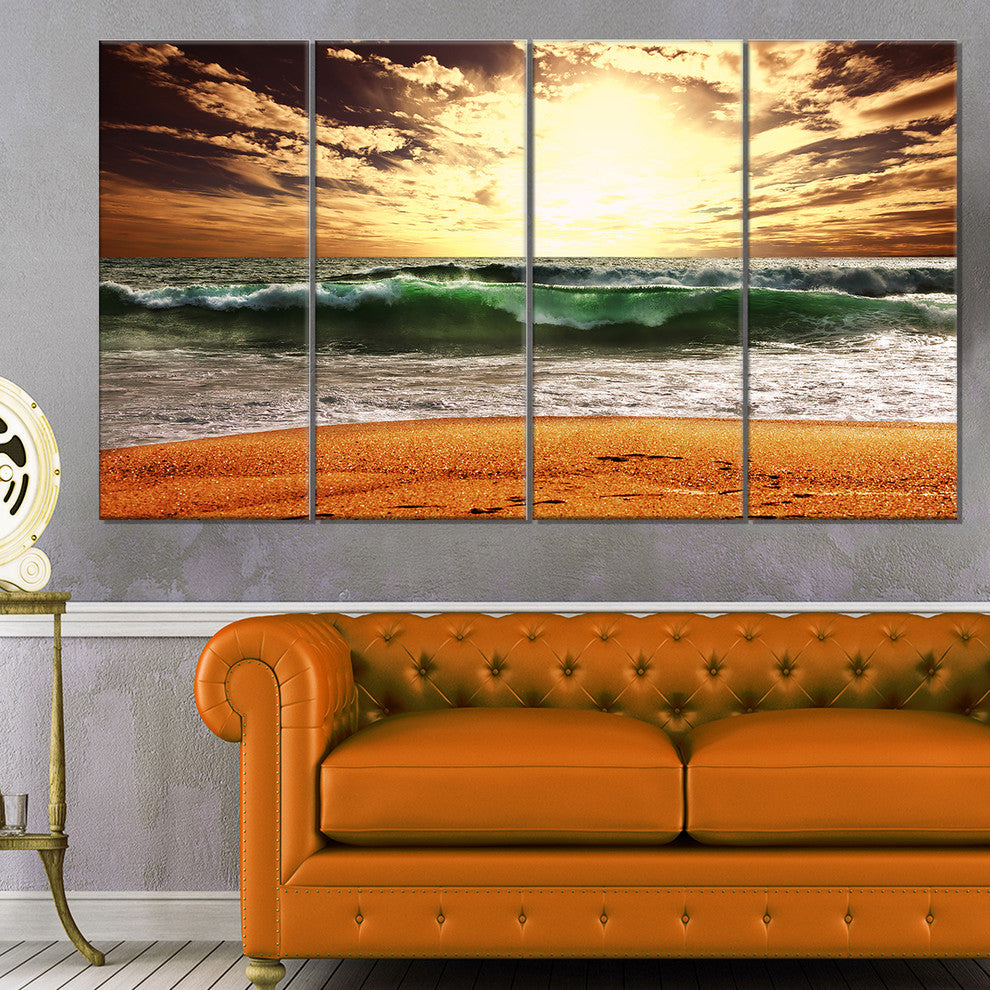 Raging Green Waves At Sunset, Large Seashore Canvas Print, 48"x28", 4 Panels