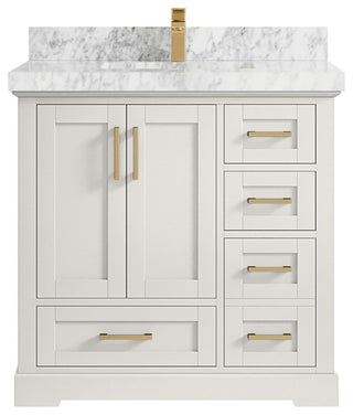 Boston 36" Center Sink Bath Vanity in Alabaster 2" Carrara Marble