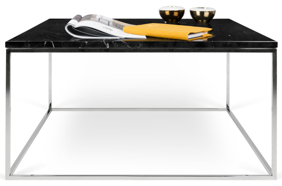 Modern Marble Top Minimal Metal Base Coffee Table, Black Marble/Chrome