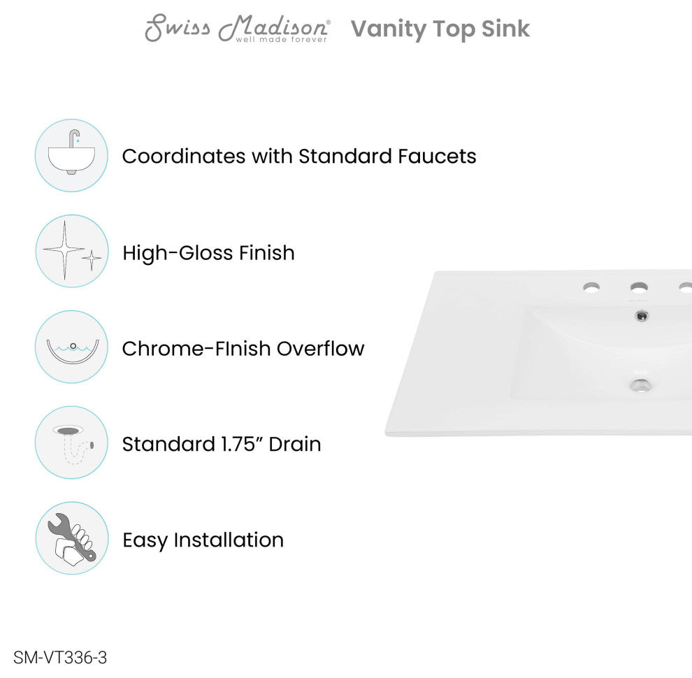 36" Ceramic Vanity Sink Top With 3 Holes