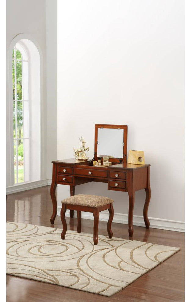 Poundex Wooden Makeup Vanity Set Desk, Mirror And Stool - Cherry, 43 W X...