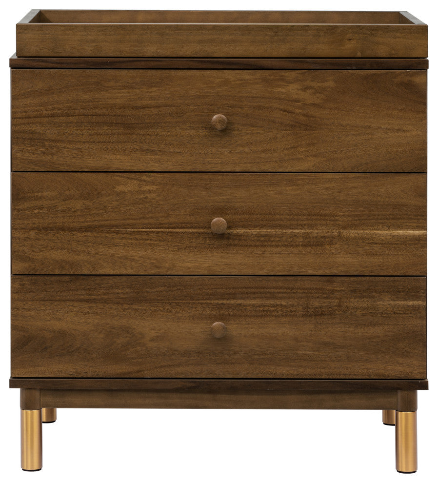 Gelato 3-Drawer Changer Dresser With Removable Changing Tray, Natural Walnut & Gold Feet