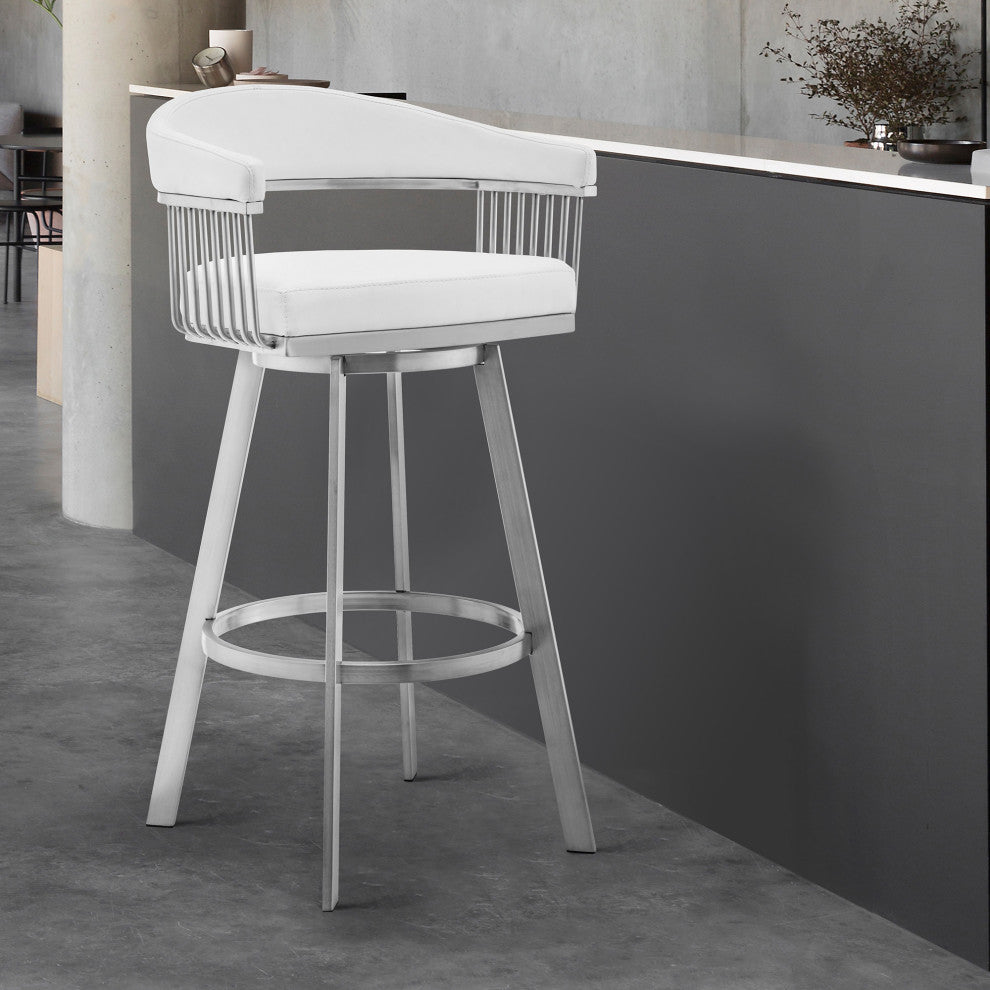 30" Mod White Faux Leather Brushed Silver Finish Swivel Bar Stool