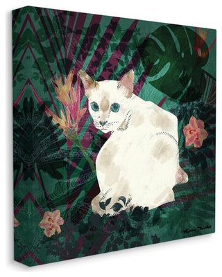 White Cat Flower Collage White Green Design, 30"x30"