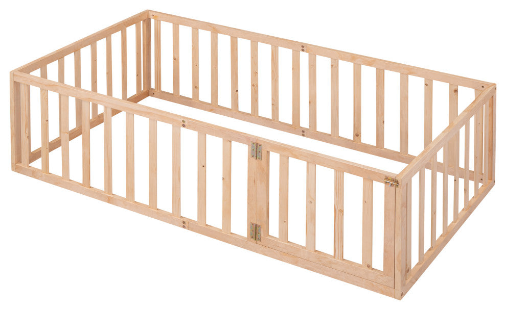 TATEUS Stylish and Versatile Floor Bed for Kids"™Bedroom Fences, Natural, Twin