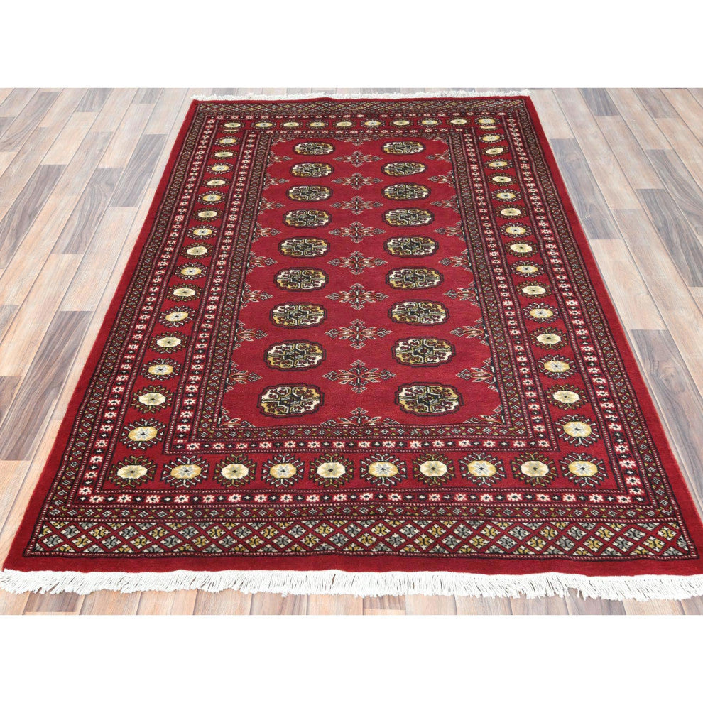 Deep and Rich Red, Natural Wool Hand Knotted, Mori Bokara Rug, 4'2"x6'6"
