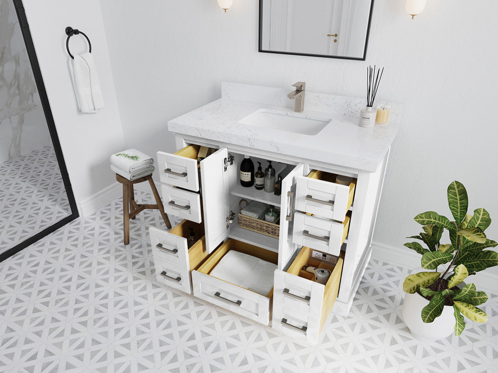 Boston 42 Single Sink Bath Vanity in White 2" Piatra Gray