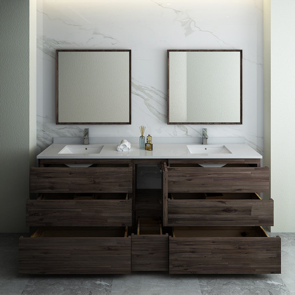 Fresca Formosa 84" Acacia Floor Standing Double Sink Bathroom Vanity w/ Mirrors,