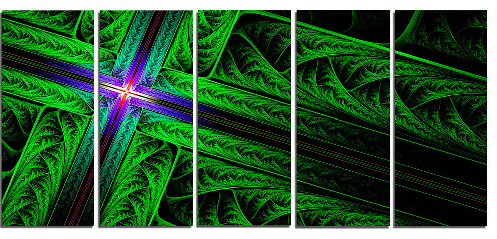 Green Fractal Cross Design, Abstract Canvas Art Print, 60"x28", 5 Panels