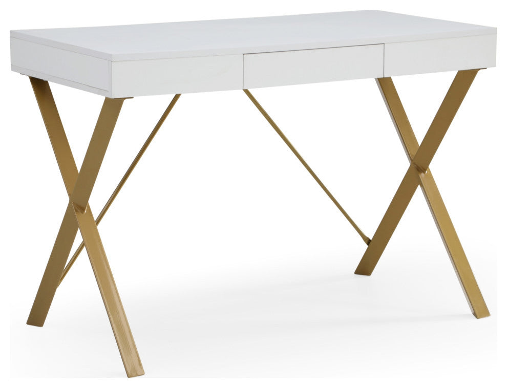 Loft Lyfe Clint Desk, 1 Storage Drawer, White/Gold 43.3Lx21.7Wx30H