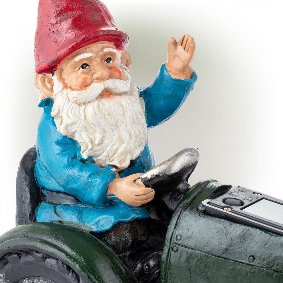 Solar Green Tractor Riding Gnome with Cool White LED Lights