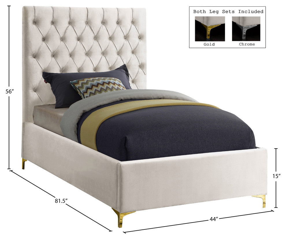 Cruz Velvet Upholstered Bed, Cream, Twin