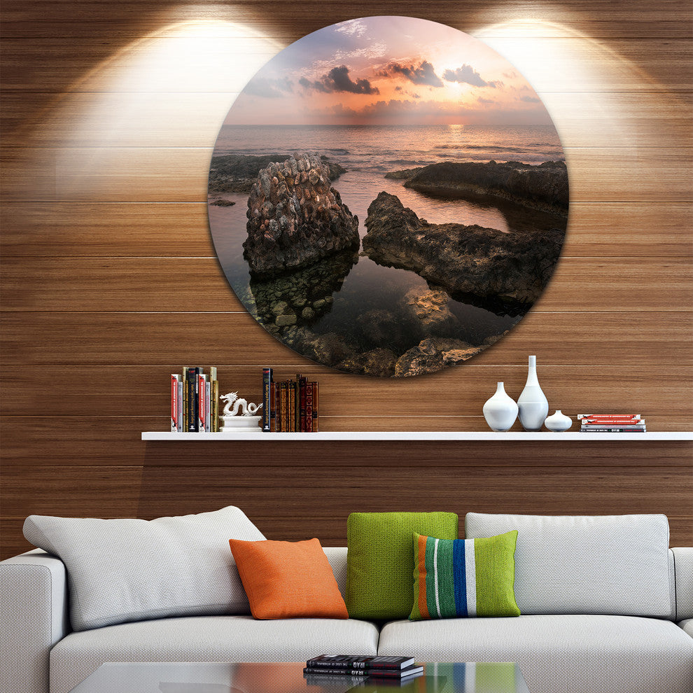 Rough Coast With Ancient Ruins, Beach Disc Metal Artwork, 11"