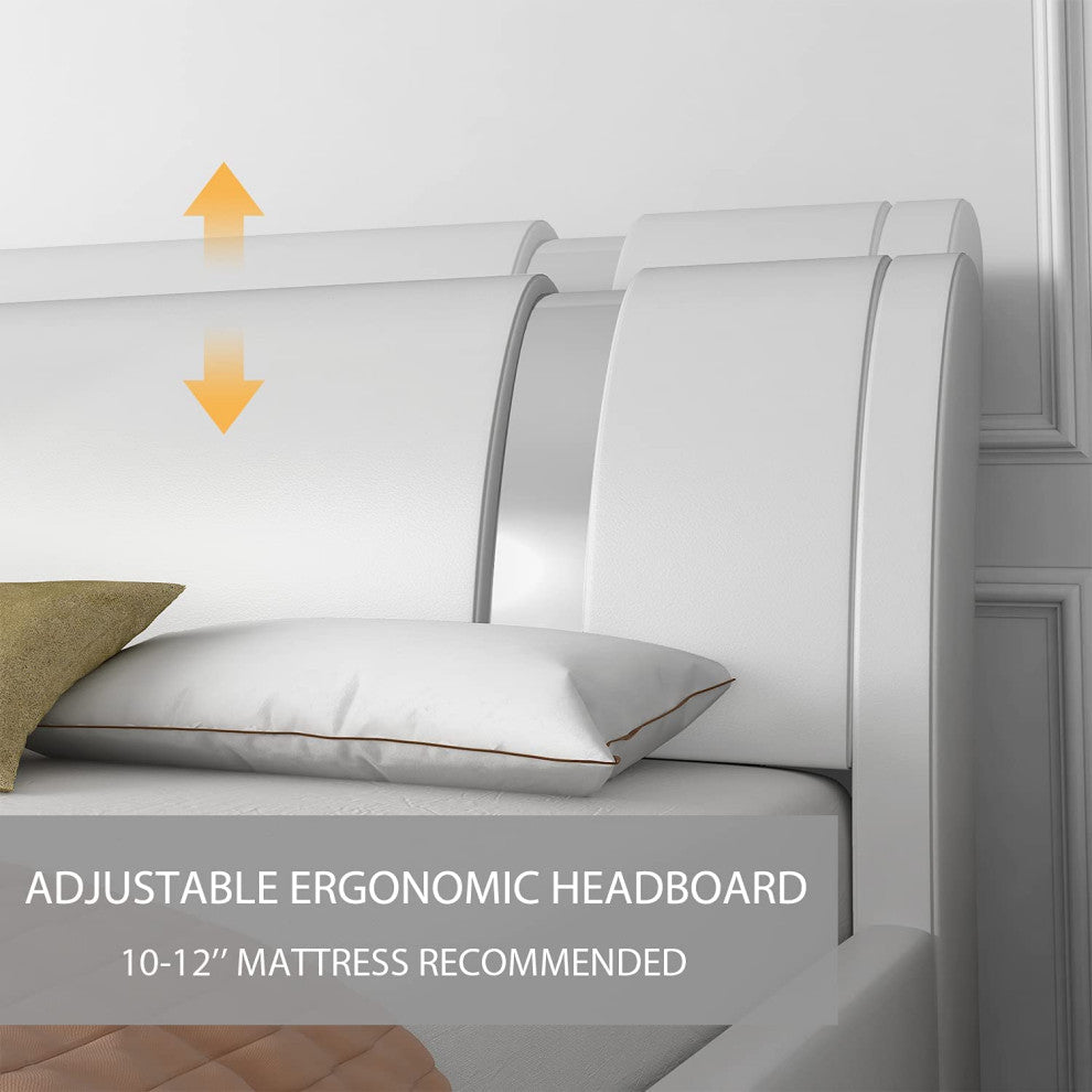 Queen Platform Bed Frame with Iron Pieces Decor and Adjustable Headboard