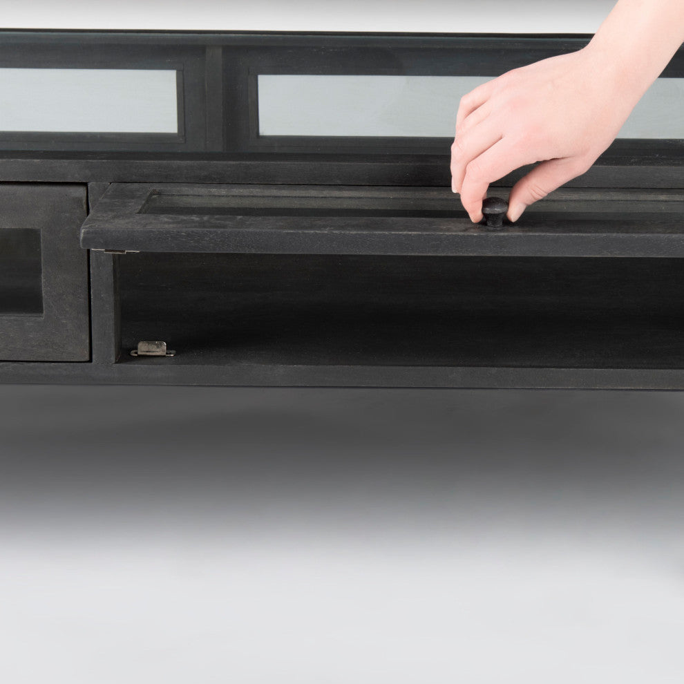 Arelius Glass-Top Black-Brown Wood With Black Metal Base Display Coffee Table