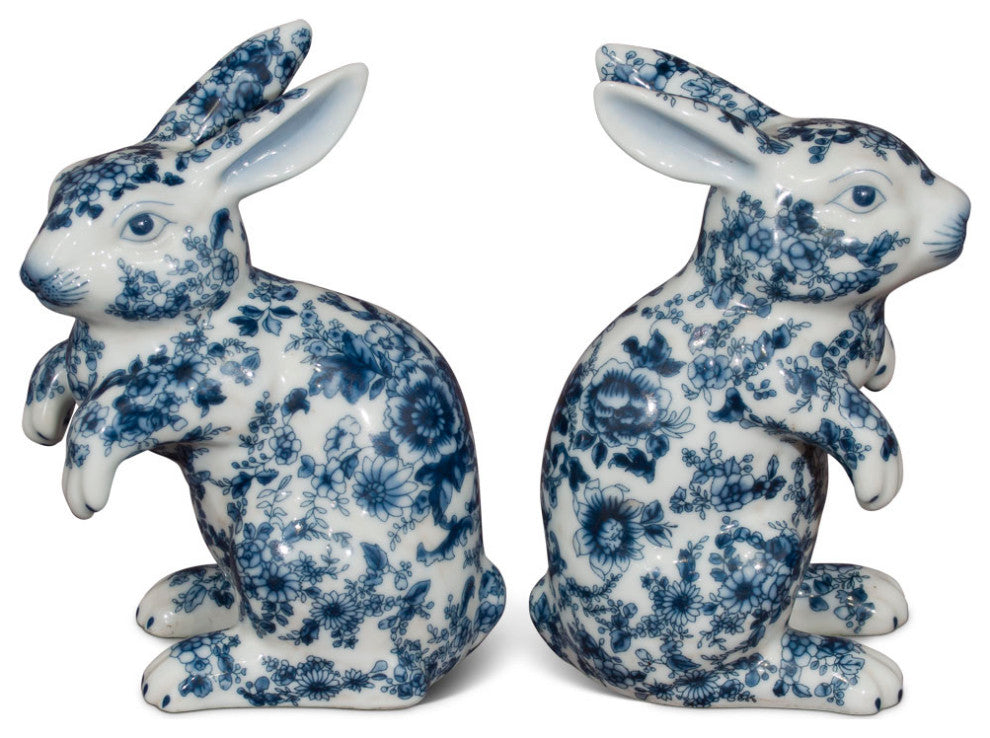 Blue and White Porcelain Rabbit Chinese Statue Set