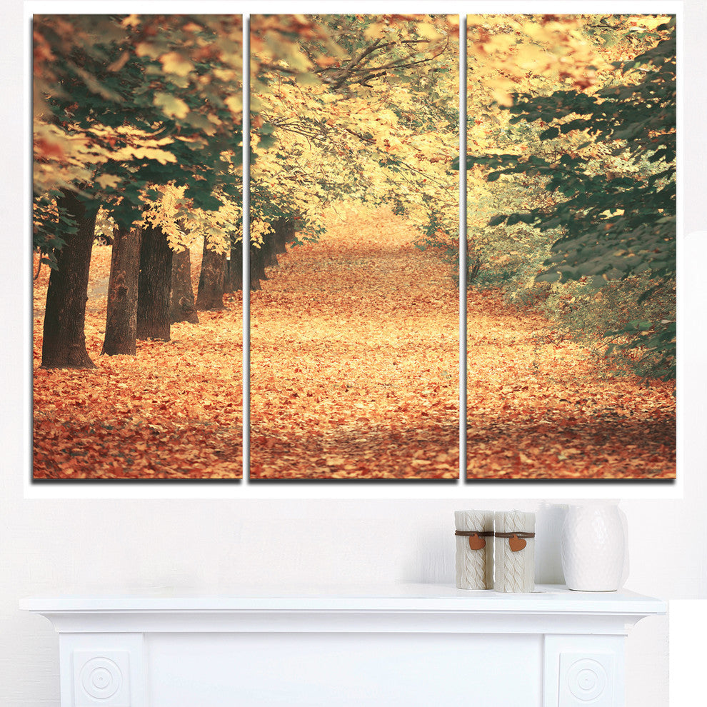 "Autumn Forest With Walking Path" Forest Metal Wall Art, 3 Panels, 36"x28"