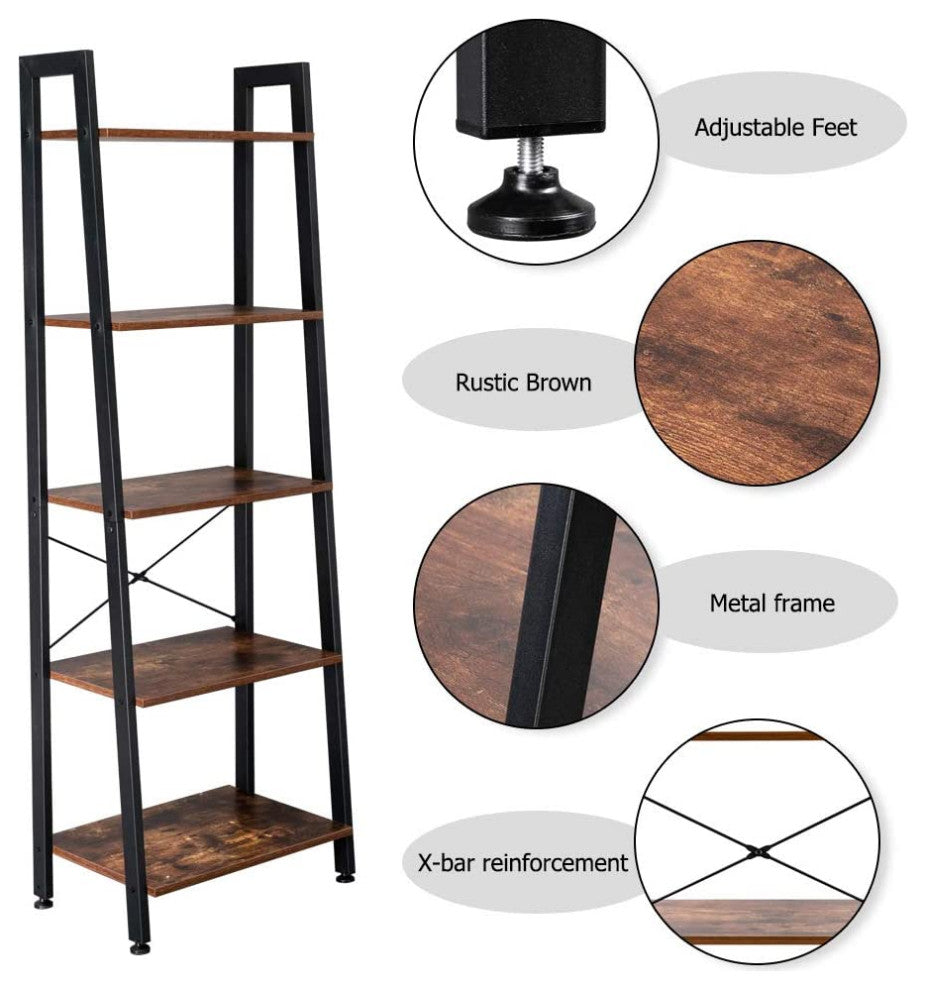 Industrial 5-Tier Bookshelf, Free Standing Plant Storage Shelf