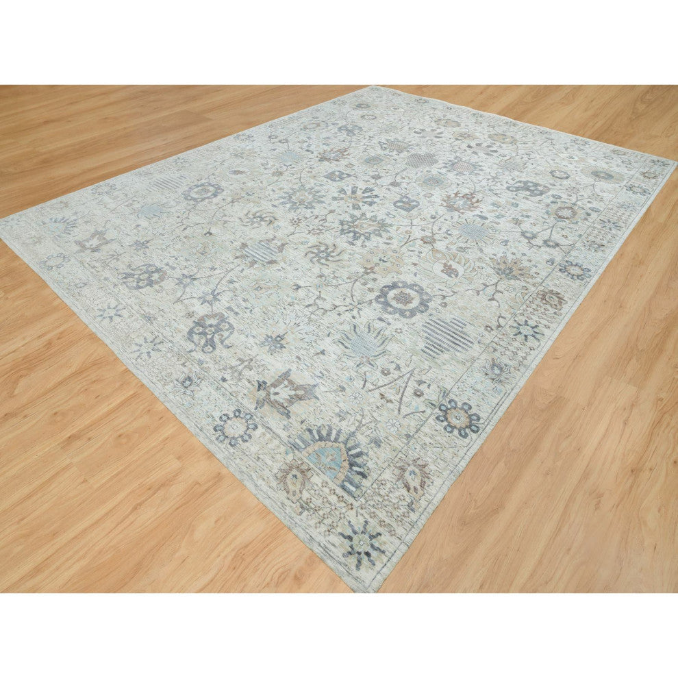 Ivory Silk With Wool Hand Knotted Tebraz Vase Design Oriental Rug, 12'x15'5"