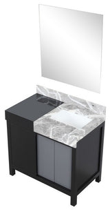 Zilara 36" Black and Grey Vanity, Castle Grey Marble Top, 30" Frameless Mirror