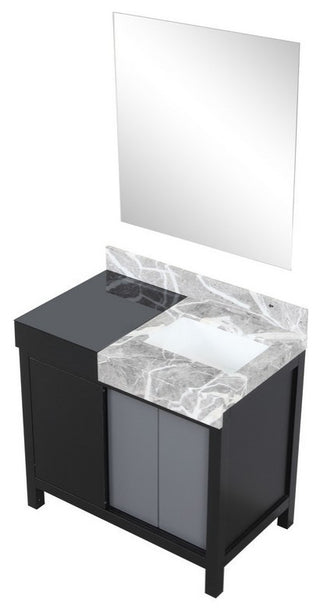 Zilara 36" Black and Grey Vanity, Castle Grey Marble Top, 30" Frameless Mirror
