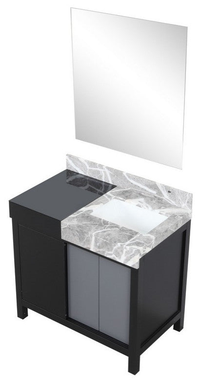 Zilara 36" Black and Grey Vanity, Castle Grey Marble Top, 30" Frameless Mirror