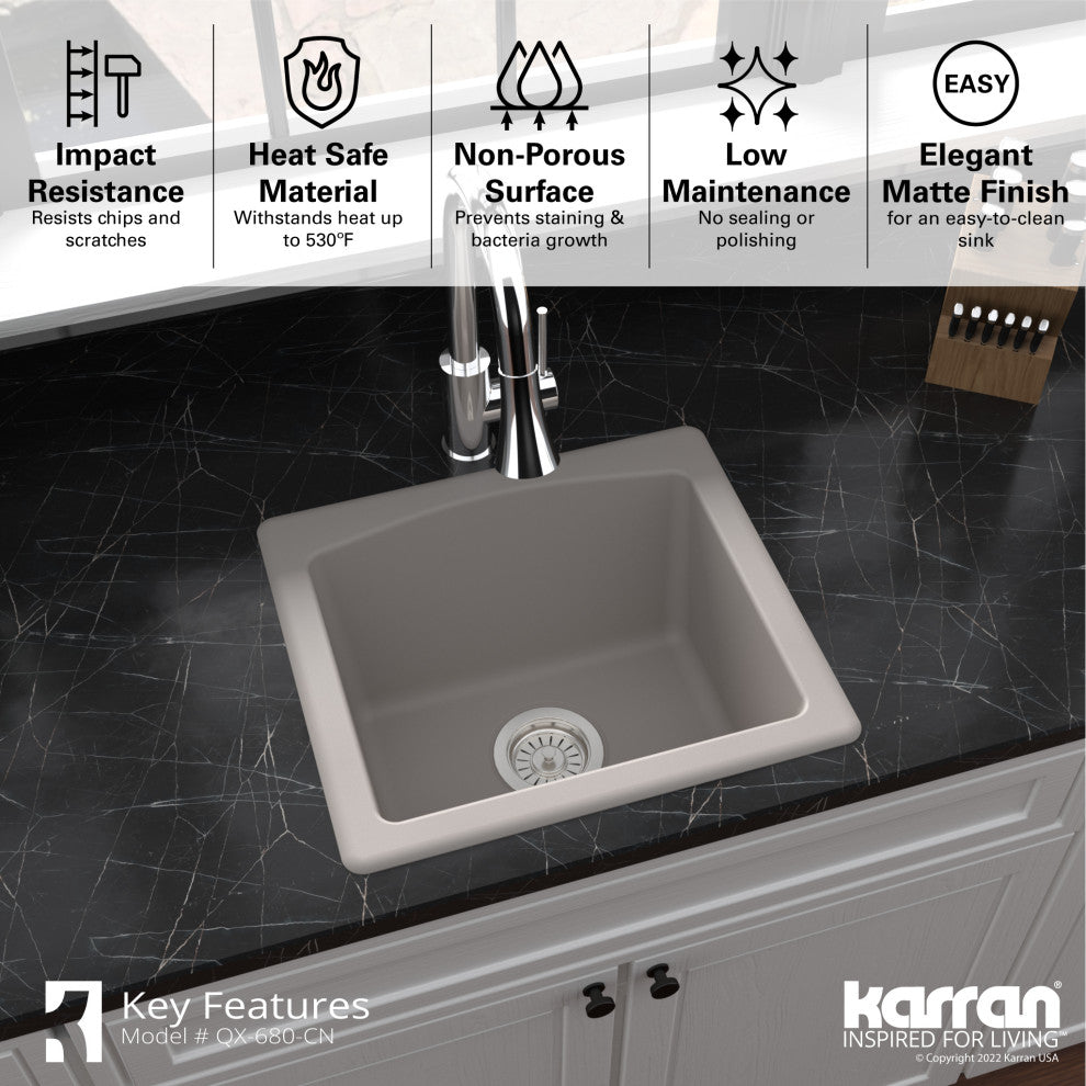Karran Drop-in or Undermount Quartz 18" Single Bowl Kitchen Sink, Concrete