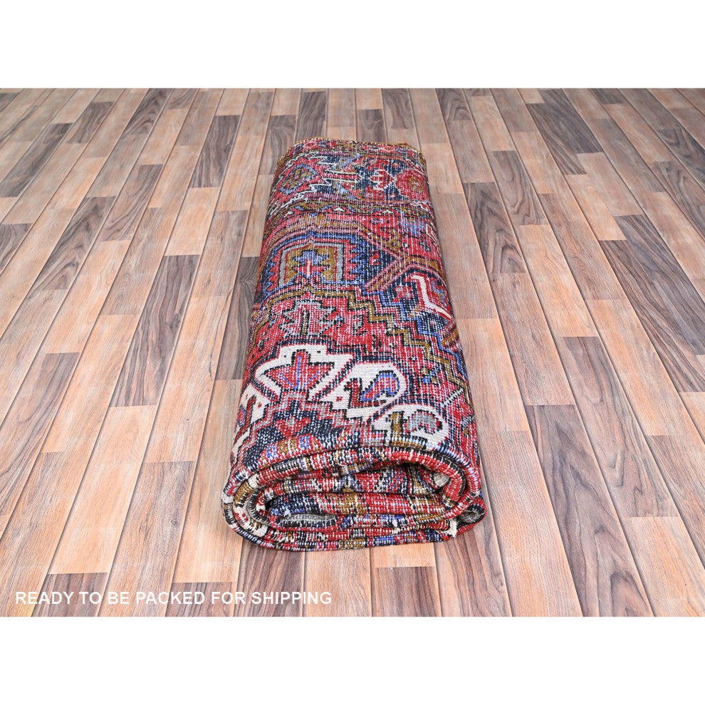 Raspberry Red Worn Wool Hand Knotted Semi Antique Persian Heriz Rug 7'9"x11'