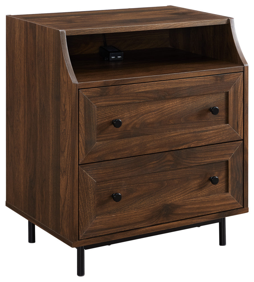 22" Curved Open Top 2 Drawer End Table With USB, Dark Walnut