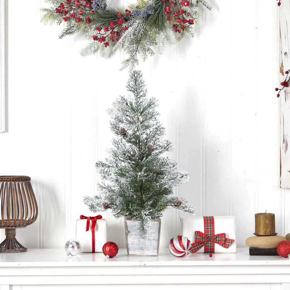 2' Frosted Pre-Lit Artificial Christmas Tree With Pinecones, Decorative Planter