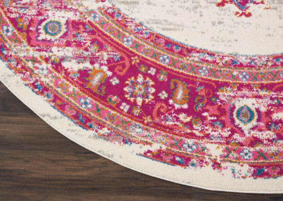 8 Round Ivory and Fuchsia Distressed Area Rug