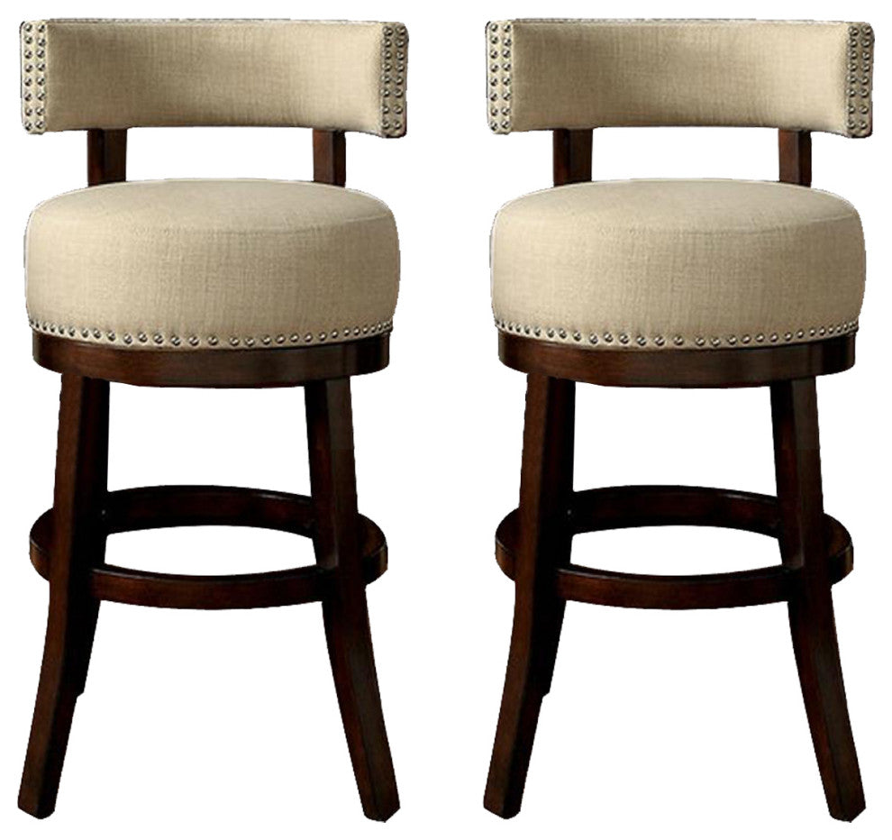 Set of 2 Fabric and Solid Wood 24" Bar Stool, Dark Oak, Beige